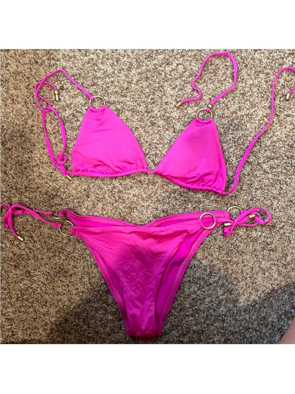 Vitamin A Hot Pink Ring-Detail Triangle Bikini Top Medium and Bottoms Large